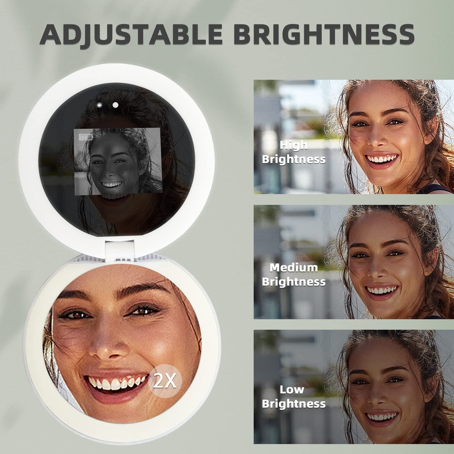 FENCHILIN Compact UV Mirror for Sunscreen Skin Care, 2X Magnification Handheld Double-Sided Illuminated Mirror with Built-in UV Camera, 4.3 Inch Foldable Travel Mirror