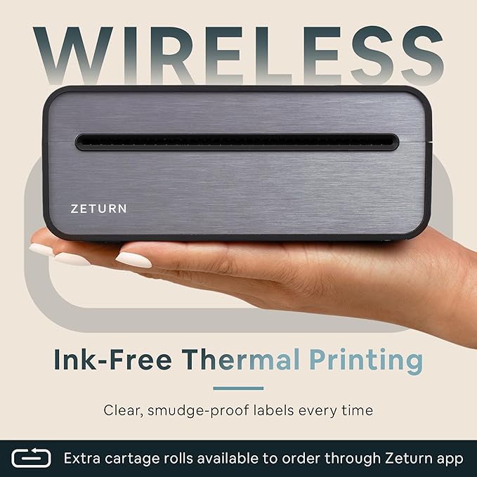 Zeturn 4x6 Thermal Shipping Label Printer - Wireless Bluetooth, Rechargeable Battery, No Ink Needed - for iPhone, Android, Home