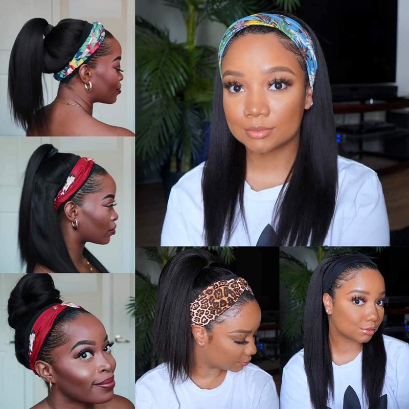 TNICE Headband Wig Human Hair Straight 14 Inch Headband Wigs for Black Women Human Hair Headband Wig Glueless None Lace Front Brazilian Virgin Hair Wigs Natural Color 150% Density
