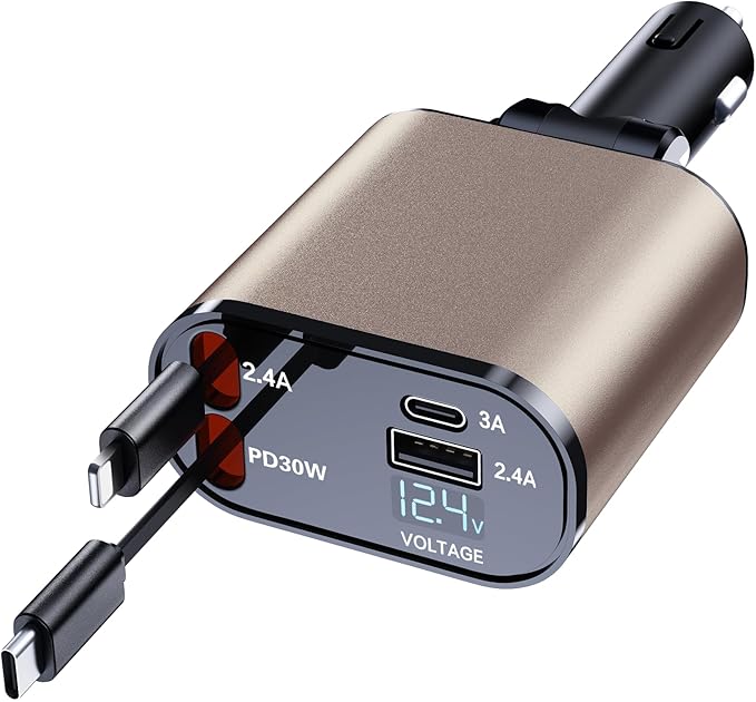Mifanstech Retractable Car Phone Charger, 4 in 1 Fast Charge Car Phone Charger with 2 Retractable Cables(2.6ft) and 2 USB Ports, Compatible with iPhone15/14/15 Pro Max,Samsung (Gold)