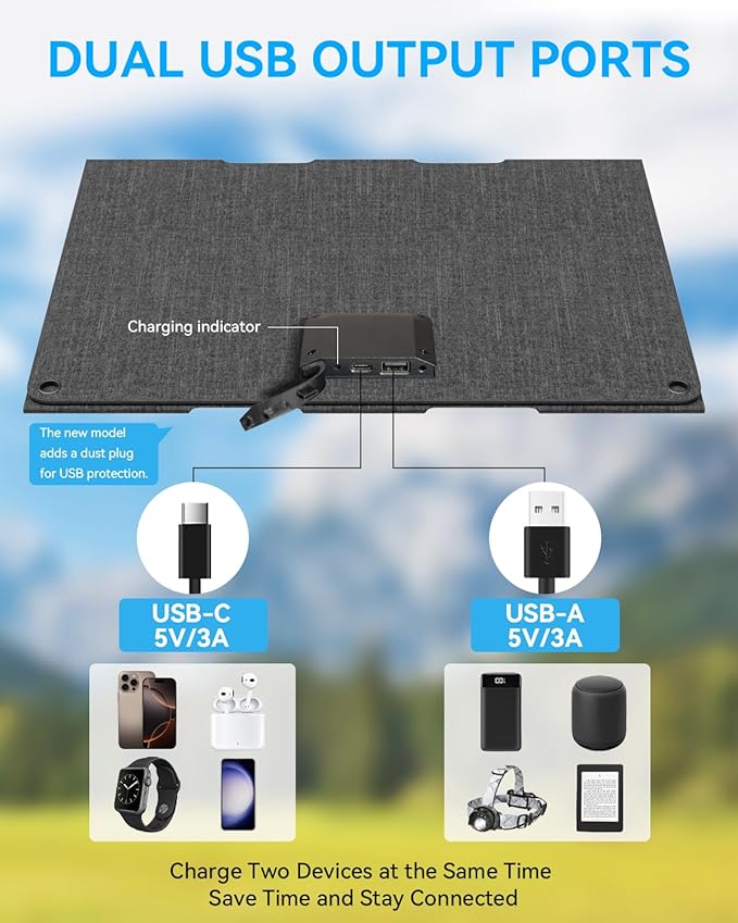 Ecosonique 30W Portable Foldable Solar Panel Charger with USB-C & USB-A