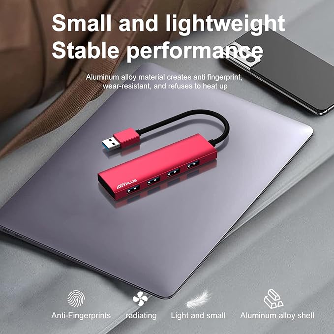 ANYPLUS USB Hub, USB 3.0 Hub Aluminum Alloy Ultra Slim USB Splitter, Portable 4 Port USB Extender, USB Hub for Laptop, PC, MacBook, iMac, Surface Pro, Mac Pro, Flash Drive, XPS 【Red】