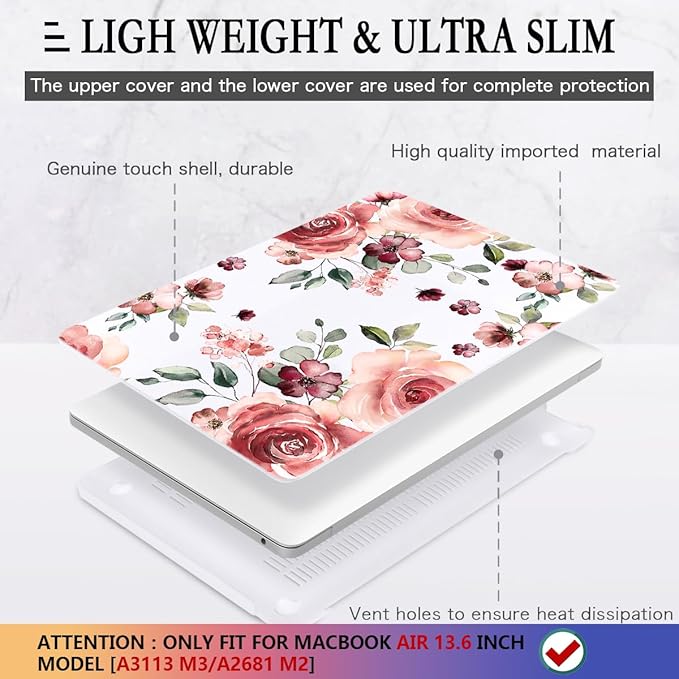 CISSOOK for MacBook Air 13.6 inch Case 2026 2025 2024 2022 Release A3449 A3240 A3113 A2681, Matte Hard Shell Case Flower Cover with Keyboard Cover + USB Adapter for MacBook Air 13.6 M2 M3 M4 M5