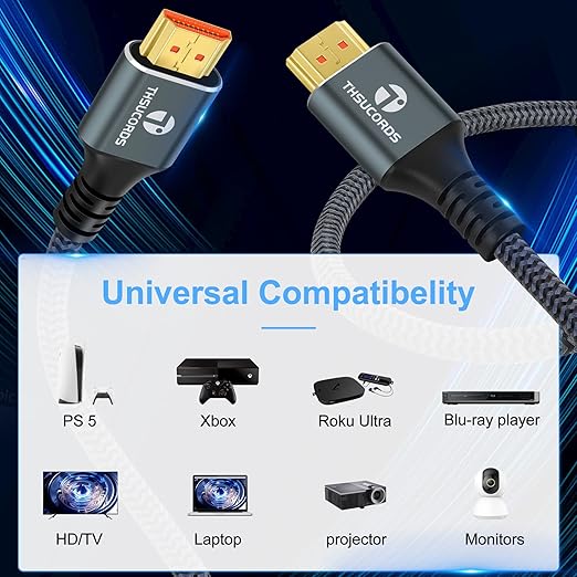 Thsucords 8K 4K HDMI Cable 3.3FT 2 Pack, High Speed Braided HDMI to HDMI 2.1 Cord Supports 8K@60Hz, 4K@120Hz 144Hz 48Gbps Compatible with Roku TV/PS5/HDTV/Blu-ray
