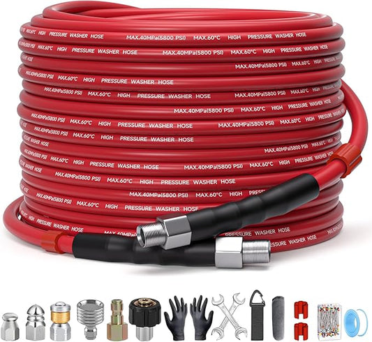 Sewer Jetter Kit for Pressure Washer â 50ft Water Jet Drain Cleaning Hose 5800PSI 1/4 Inch NPT Corner with Sewer Cleaning Tool High Pressure Nozzles and Spanner Waterproof Tape