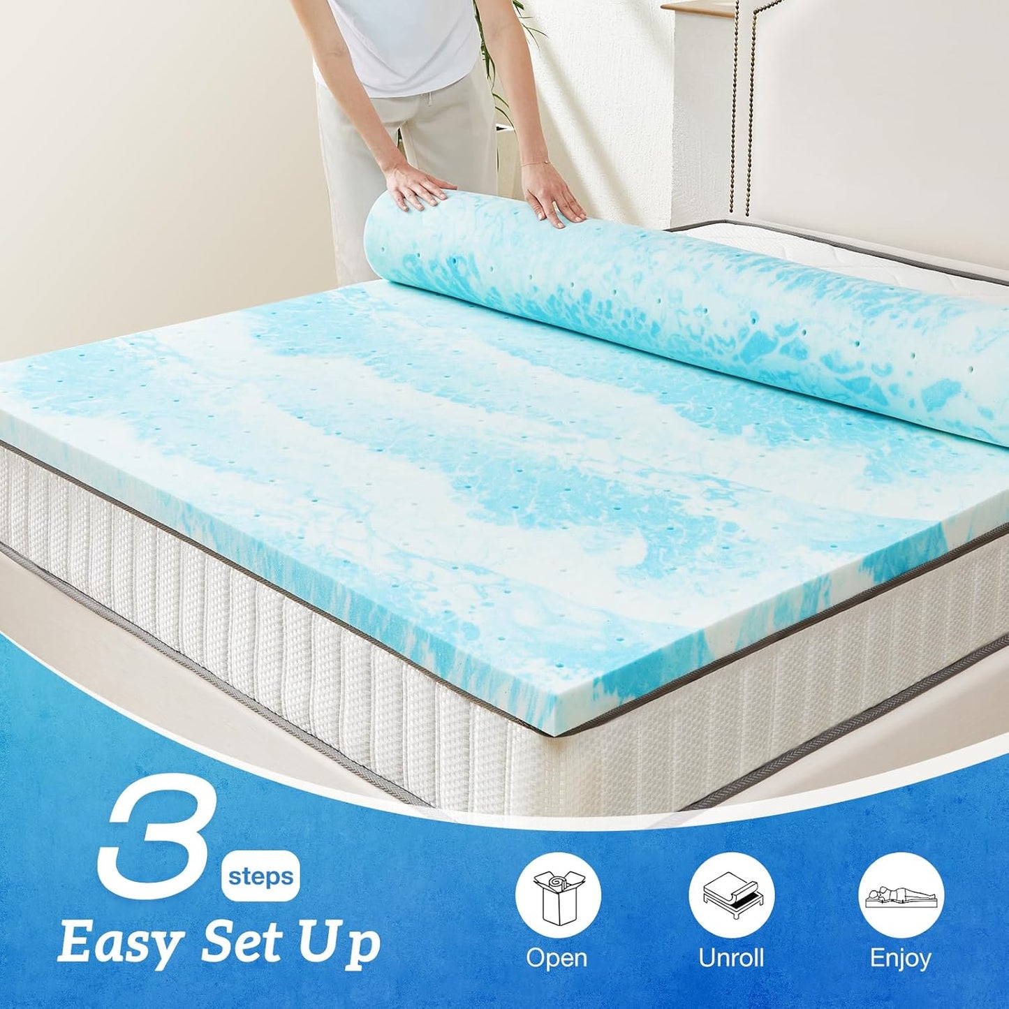 Sweetcrispy Memory Foam Mattress Topper - 3 Inch Thick Gel-Infused Cooling Pad for Twin Bed | CertiPUR US Certified, Breathable Blue