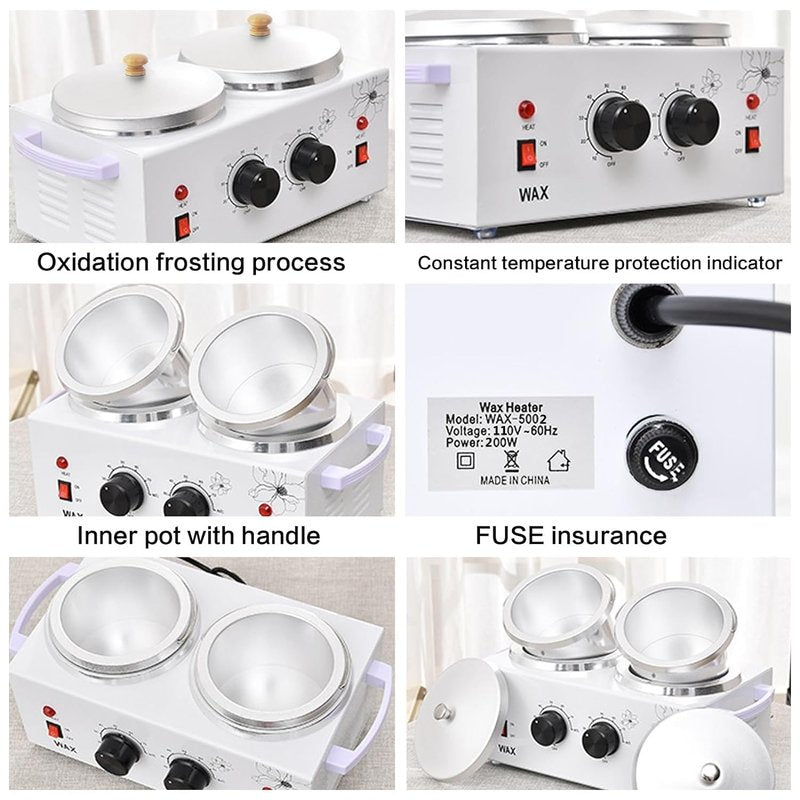 1.2L Double Portable Wax Warmer Machine for Painless Hair Removal, Women Men Professional Wax Heater with Adjustable Temperature Set, 40pcs Sticks