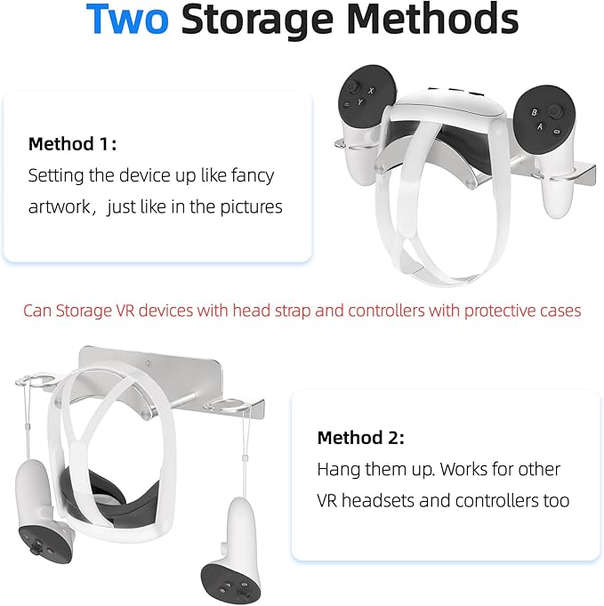 ANSHAWTIY VR Wall Mount Aluminum Alloy,VR Headset Wall Mount Storage Stand Hook Compatible with Meta Quest 3/Quest Pro/Quest 2,Quest 3 Stand with 2 Storage Way,Desk Space Saving(Silver)