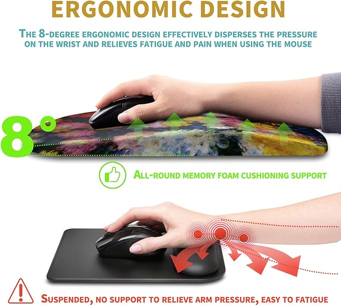 Hokafenle Ergonomic Mouse Pad Wrist Support with Massage Design, Wrist Rest Pain Relief Mousepad with Memory Foam&Non-Slip PU Base, Mouse Pads for Wireless Mouse & Desk(12x8 inch,Monet Chrysanthemum)