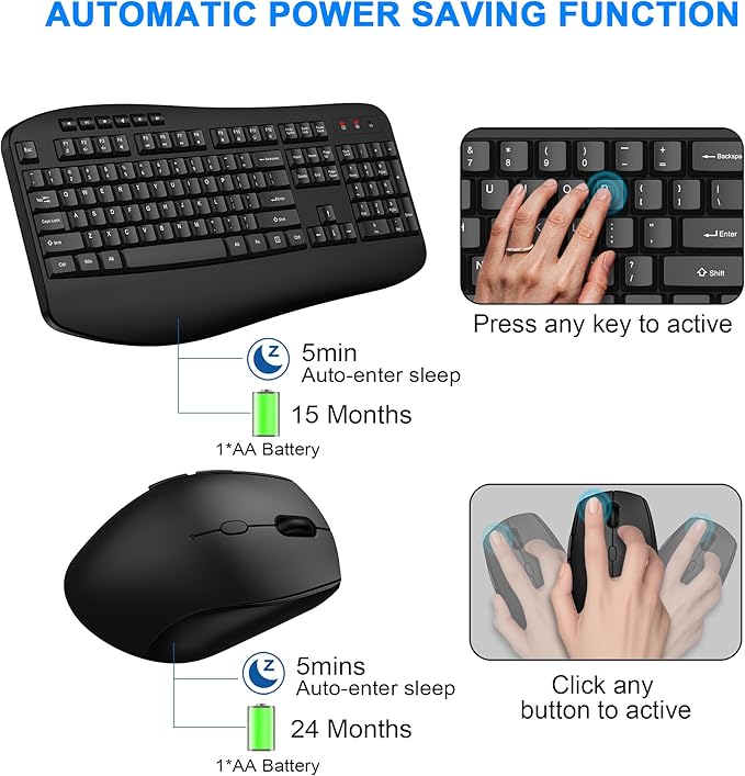 EDJO Wireless Keyboard and Mouse Combo, Full-Sized Ergonomic Computer Keyboard with Wrist Rest, 3-Level Adjustable DPI Wireless Optical Mouse, 2.4GHz Plug & Play for Windows Mac OS PC Laptop