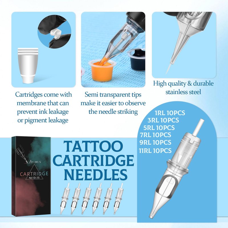 Tattoo Cartridge Needles, ATOMUS 1RL 3RL 5RL 7RL 9RL 11RL Round Liner Disposable Tattoo Needle (60pcs Mixed)