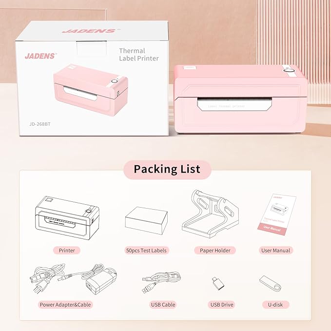 JADENS Bluetooth Thermal Shipping Label Printer – Wireless 4x6 Shipping Label Printer, Compatible with Android, iPhone, Windows & Mac, Widely Used for Ebay, Amazon, Shopify, Etsy, USPS(Pink)