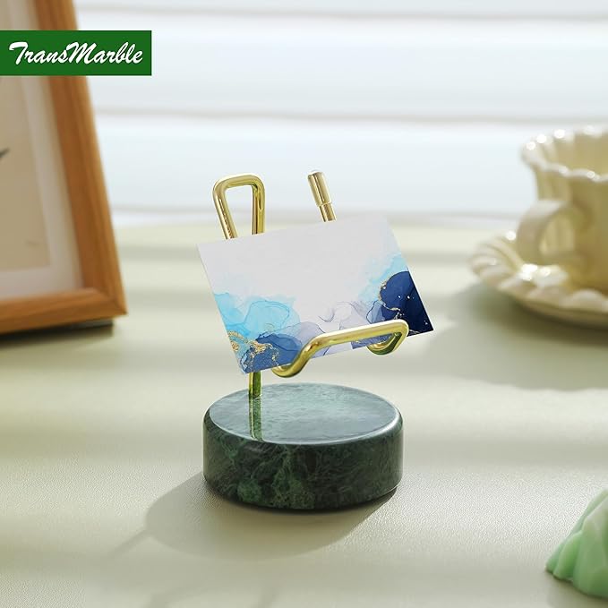 TransMarble Marble Phone Stand with Metal Holder, Charging Available While Using, Swipe Up to Unlock, Made of Natural Marble as Business Card Holder for Office Desk (Emerald Green + Gold)