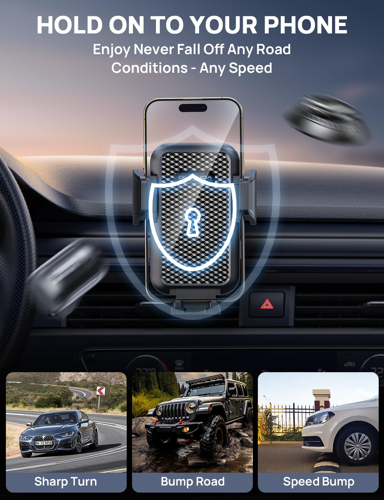 2026 Ultimate Car Phone Holder Mount (+Air Vent Clip) [Military Grade Stable], 360° Rotatable Suction Cup Car Phone Mount for Dashboard Windshield ,Truck Cradle Stand for iPhone 17 16 Pro Max Samsung