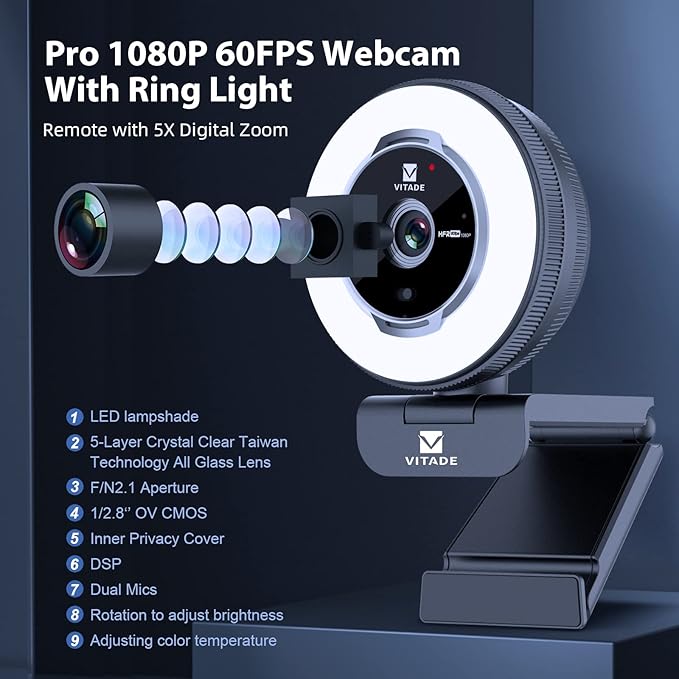VITADE Zoomable Webcam with Remote Control, 1080P 60FPS Streaming Webcam with Adjustable Ring Light and Tripod, Pro USB 5X Digital Zoom Webcam for Zoom/Skype Teams/Laptop/Mac Windows