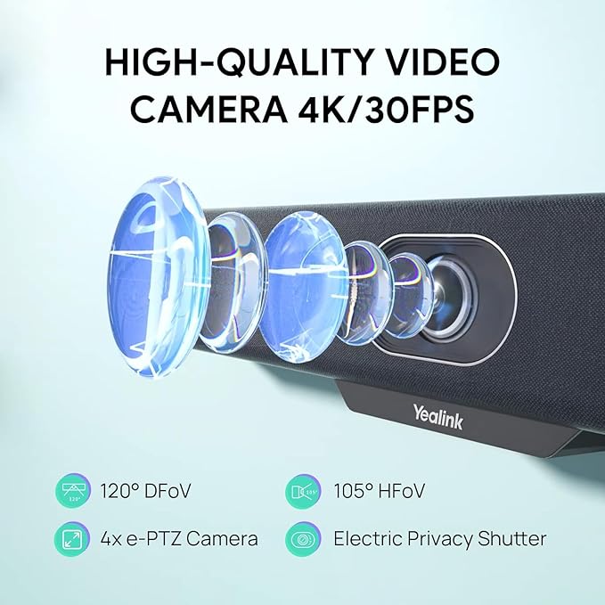 Yealink MeetingBar A10 4K Video Conference Room System with 120 Wide Angle Camera AI Auto Framing Conference Webcam with 8 Mics Arrays Speaker Tracking Noise Cancellation Teams Zoom Certified