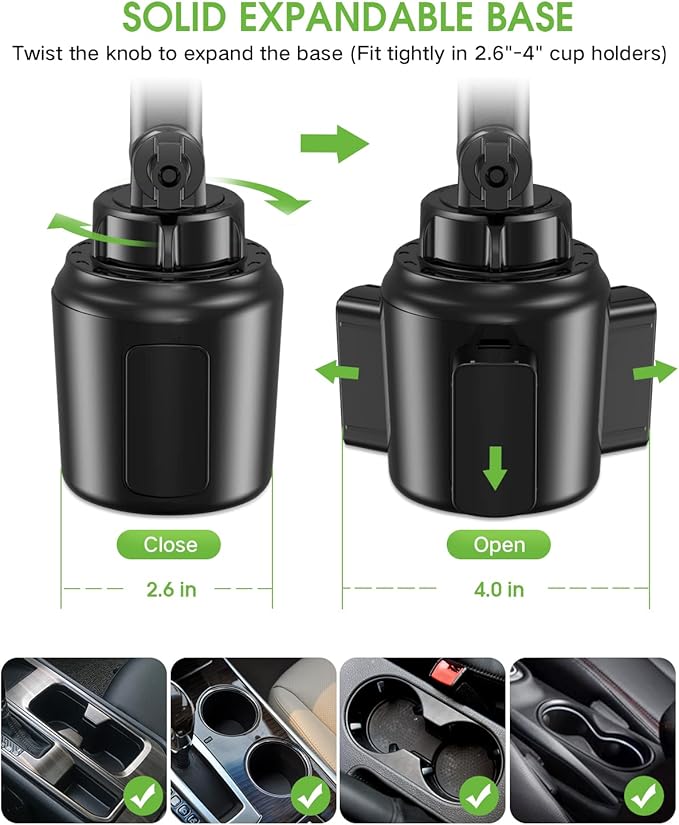 EOCAHO 2025 Upgraded Cup Phone Holder for Car, Universal No Shaking Cup Holder Phone Mount with Expandable Base for Car Truck, Adjustable Holders,Compatible with iPhone Samsung All Phones: 2 Pack