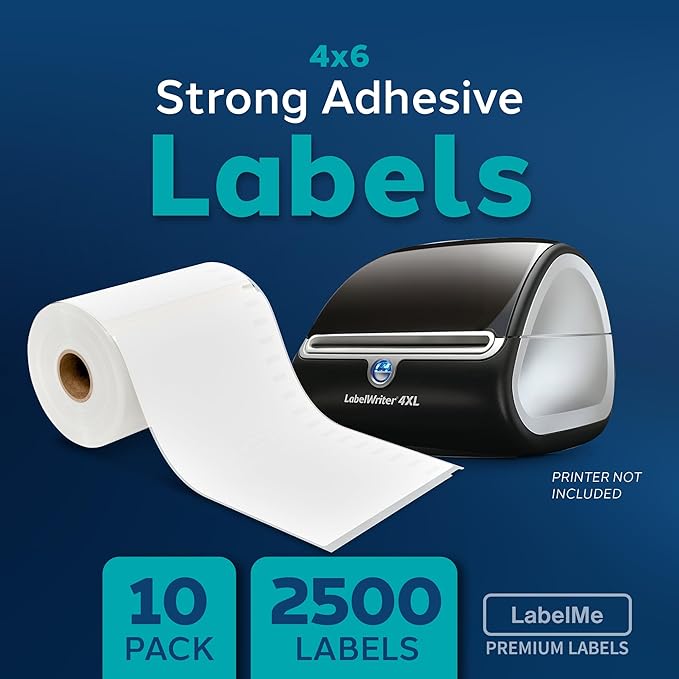LabelMe 4x6 Thermal Labels Roll - Compatible with Dymo 4XL or Rollo 4x6, Perforated Strong Adhesive, Replaces Dymo 1744907, 250 Per Roll(10 Rolls | 2500 Labels)
