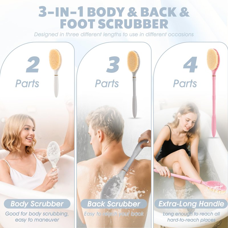 GEENOA New Foot Brush & Back Scrubber Set 2PCS, 10.2''- 27.5'' Adjustable Foot Scrubber for Shower, 18.9'' Shower Back Scrubber with 3-Length Usage, Great Aid for People with Limited Mobility(White)