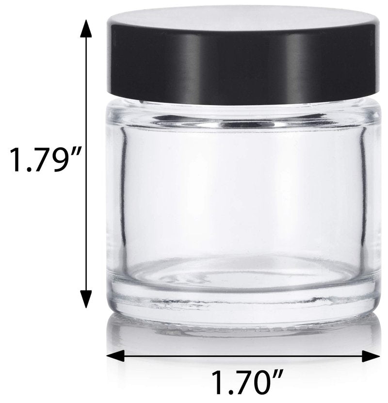 1 oz / 30 ml Clear Thick Wall Glass Jar with Black Lids (12 Pack) Airtight, Smell Proof