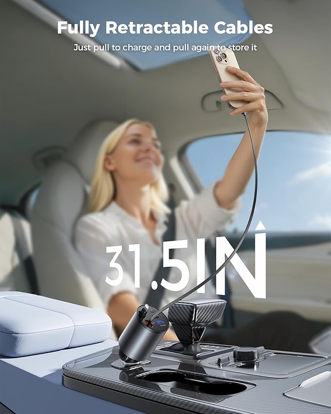 Retractable Car Charger, [2025 New] 4 in 1 Fast Car Phone Charger with Retractable Type C & L Cords, 120W USB Car Charging Adapter for iPhone 13 14 15 16 17Pro Max, Samsung Galaxy, Pixel