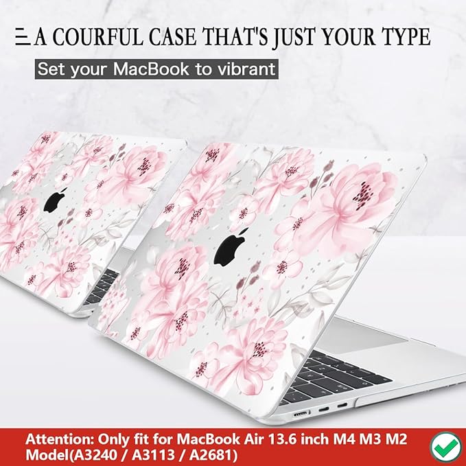 CISSOOK Compatible with MacBook Air 13.6 inch Case M5 M4 M3 M2 Chip 2026 2025 2024 2023 2022, Hard Shell Case Keyboard Cover Screen Protector for Mac Air 13 A3240 A3113 A2681 A3449, Cute Pink Flower