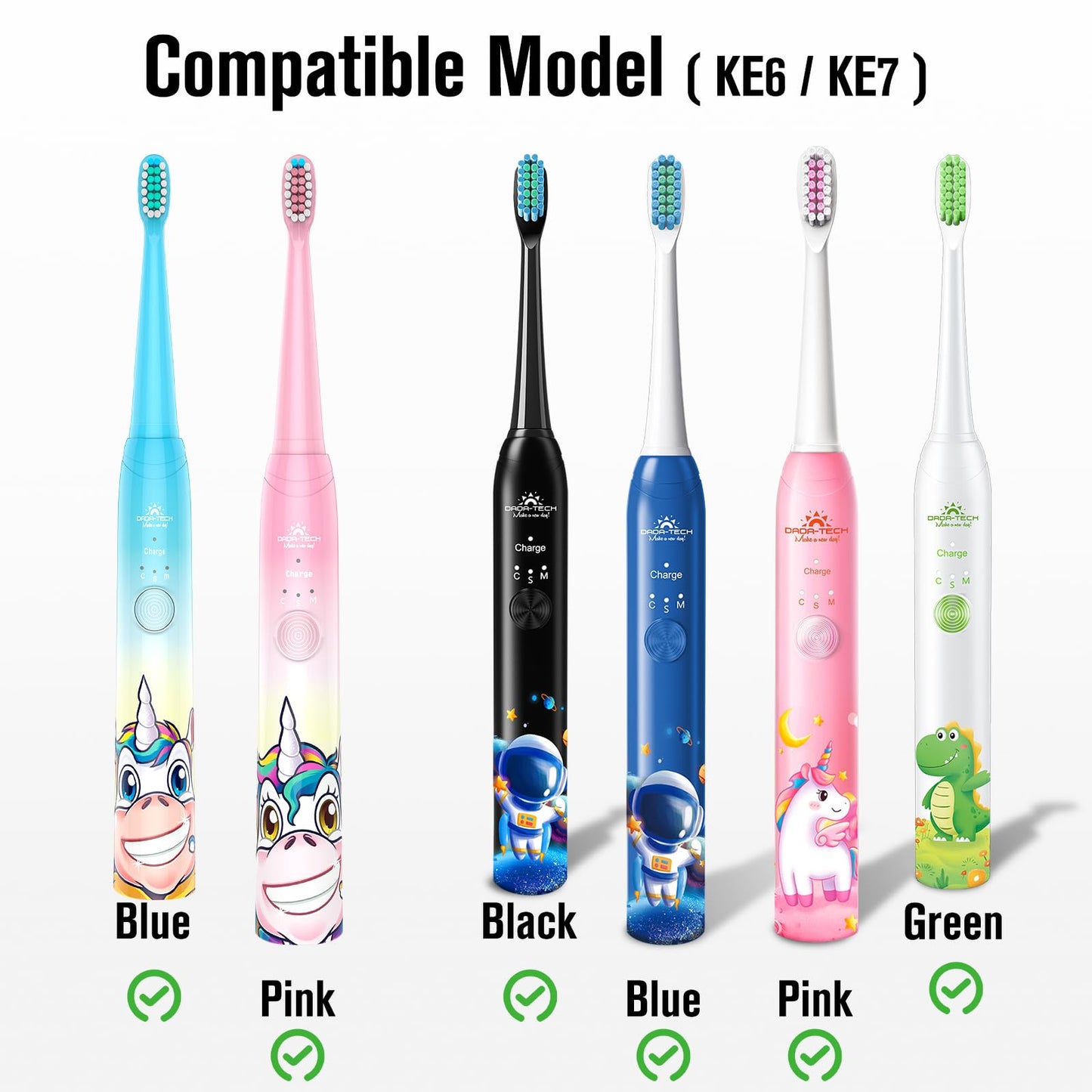 Dada-Tech Replacement Heads for Kids Electric Toothbrush DT-KE6 and DT-KE7 - Pack of 4 (White)