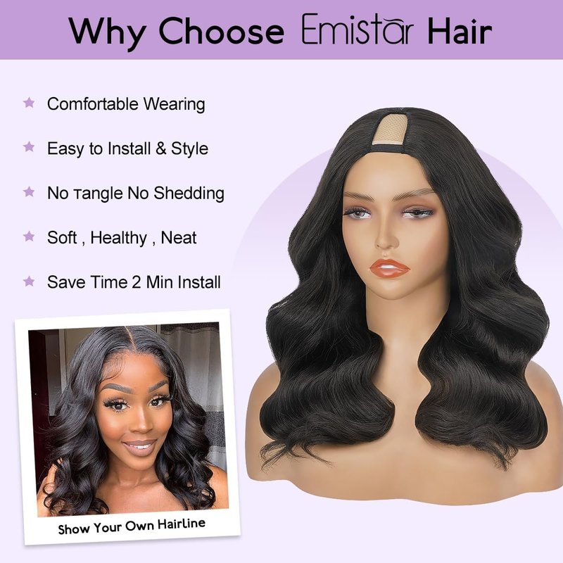 Short Wavy V Part Wigs For Black Women, Wear&Go Upgrade U Part Bob Wig, Glueless Half Wig Heat Resistant Synthetic Hair Soft As Human Hair (Black, 12 Inch)