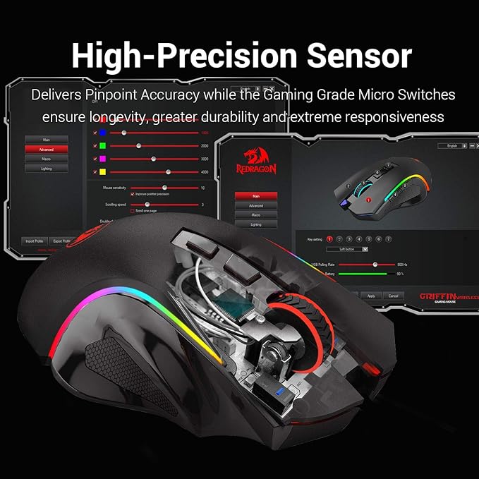 Redragon M602 Griffin RGB Gaming Mouse, Tri-Mode 2.4G/USB-C/Bluetooth Mouse Gaming, RGB Spectrum Backlit Ergonomic Mouse with 7 Programmable Backlight Modes up to 8000 DPI for Win PC Gamers (Wireless)