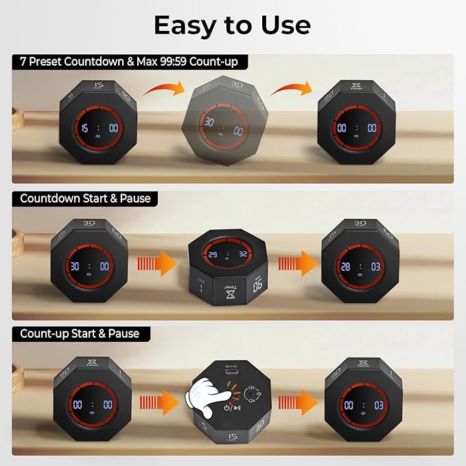 Kaflin Small Rechargeable Pomodoro Timer, Gravity Sensor Auto-Rotating 7 Preset Times (1/3/5/15/30/60/90 min) & Count Up Mode, Digital Kitchen Timers for Cooking, Work and Study (Space Gray)