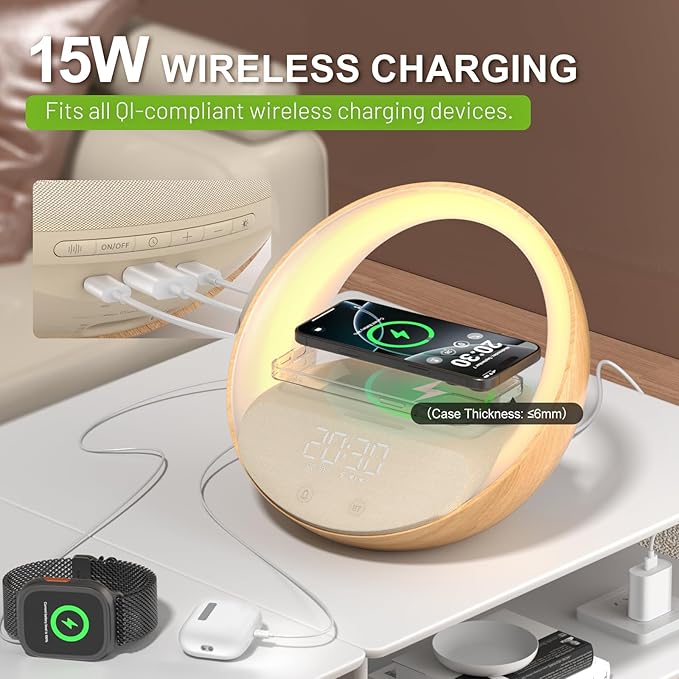 FUNFOR Bluetooth Alarm Clock, Sunrise Simulation Wake Up Night Light, 15W Fast Wireless Charging Alarm Clock for Bedroom, 10W Bluetooth Stereo Sound Speaker, USB Charger Port