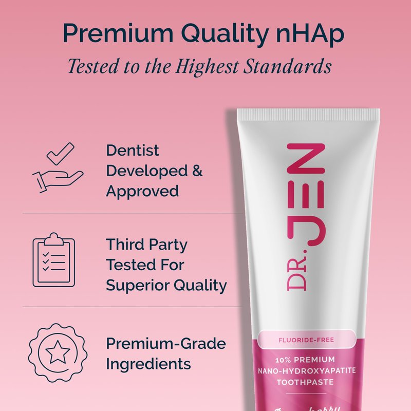 Dr. Jen Fluoride Free Toothpaste with 10% Premium Nano Hydroxyapatite, Xylitol & Glycerin, Remineralizing Daily Oral Care for Sensitive Teeth, Travel Essentials, Strawberry, 1 Pack