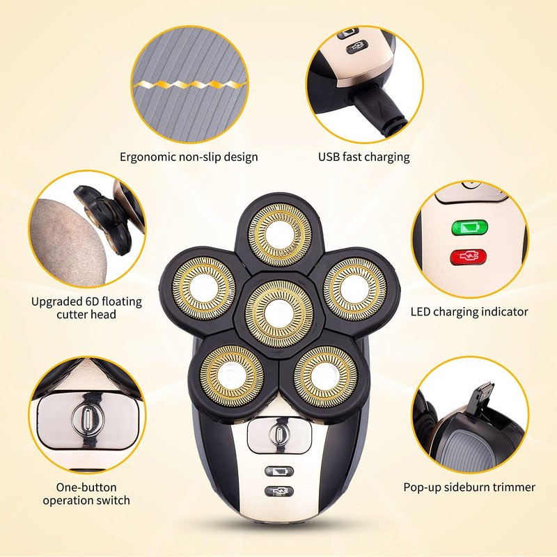 Multifunctional Bald Head Shaver - Waterproof Cordless Electric Razor Grooming Kit for Men | Gold Finish