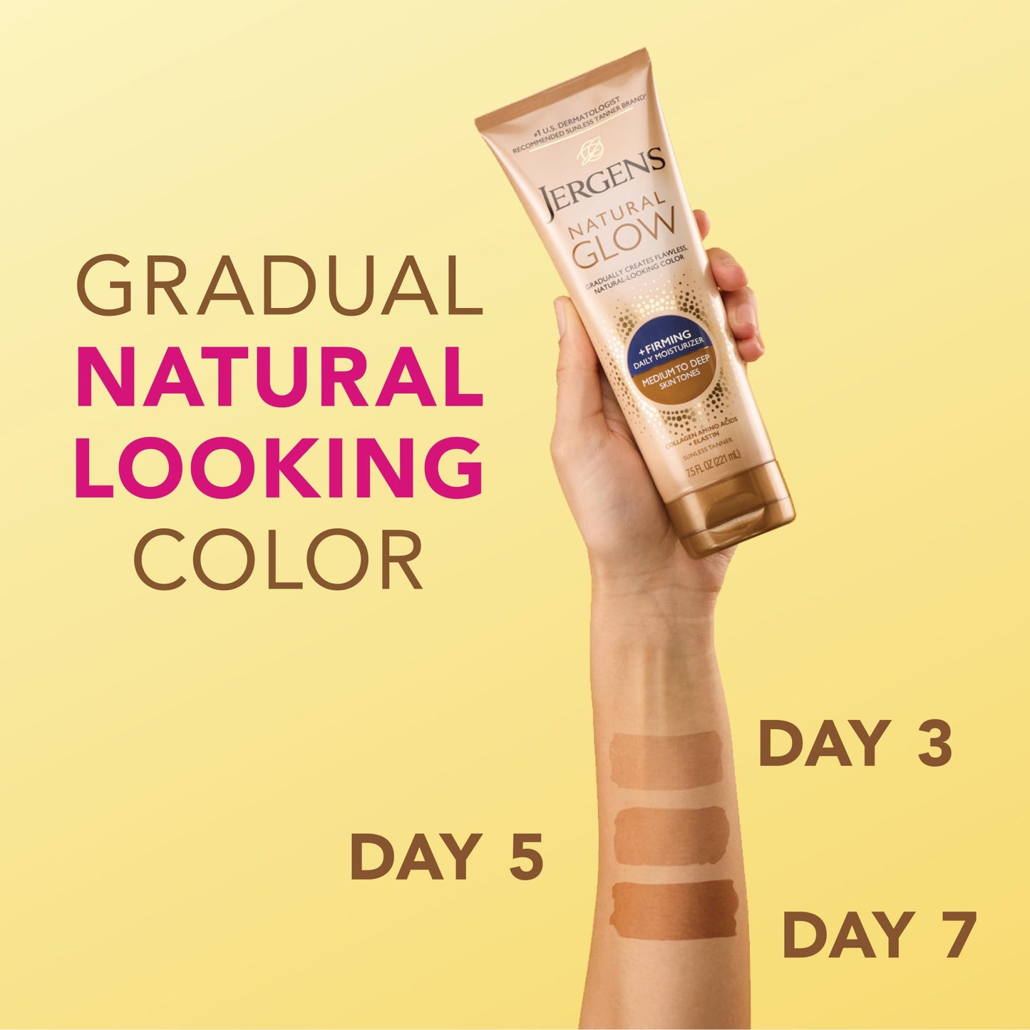 Jergens Natural Glow +Firming Self Tanner Body Lotion, Medium to Deep Skin Tone, Sunless Tanning Moisturizer with Collagen and Elastin, Helps to Visibly Reduce Cellulite, 7.5 Oz, Pack of 2
