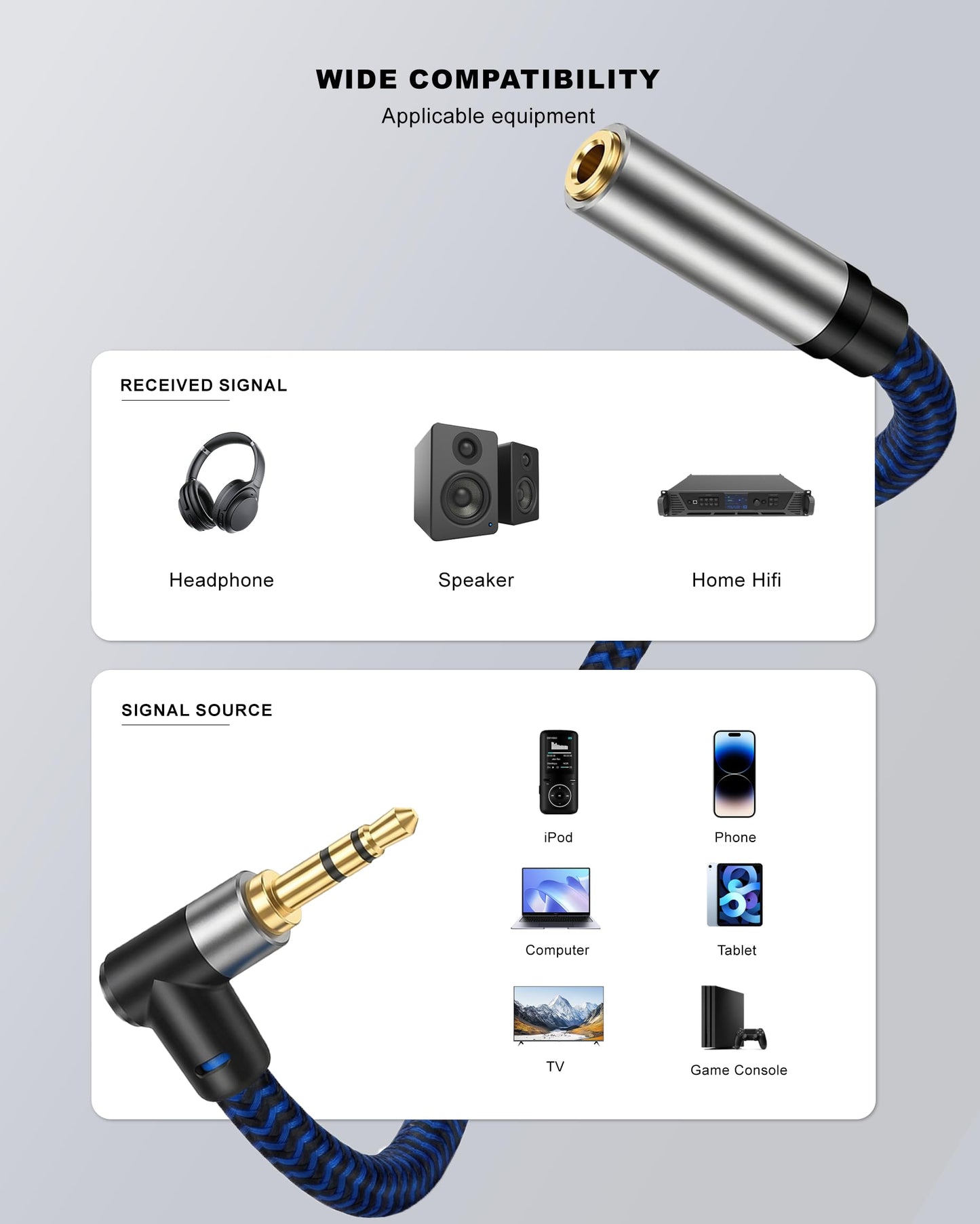 GGMTY 3FT 3.5mm Audio Extension Cable, 90-Degree Right Angle Aux Extender Cord (Male to Female), Nylon Braided TRS Stereo Audio Jack Adapter for Car, PC, Speakers, Headphones (No Mic Support)