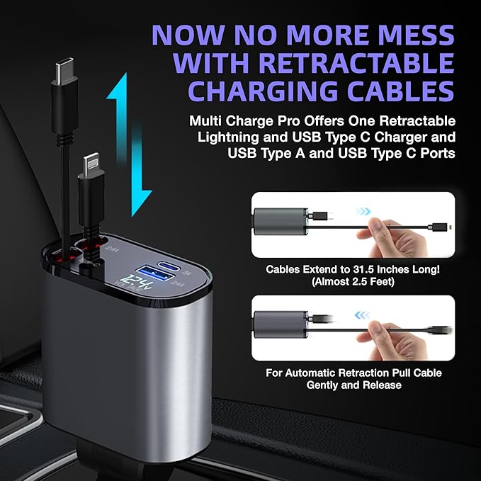 Ulti Charge iPhone Car Charger USB C Fast Charge Charging Retractable Car Charger Auto Adapter, Powerful 120W 4-Port USB-C & USB-A and Lightning iPhone, Samsung, Tablets USBC Charger Block