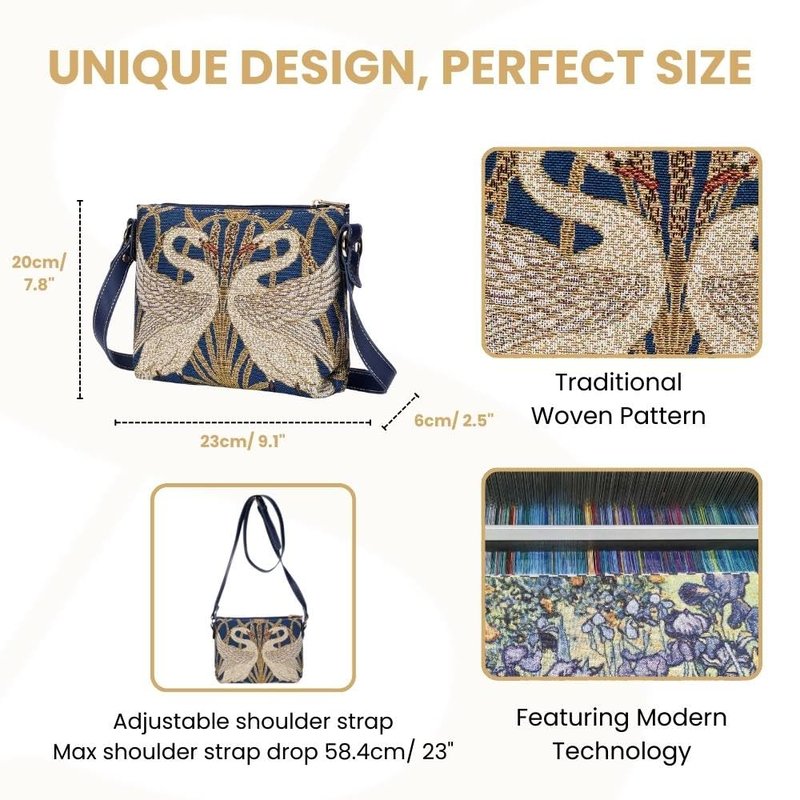 Signare Tapestry Crossbody Bag Shoulder Purse for Women In Walter Crane Swan Design (XB02-ART-WC-SWAN)