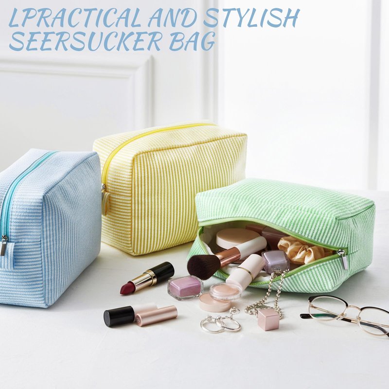 Sanwuta 3 Pcs Seersucker Makeup Bags Seersucker Cosmetic Bags Striped Women Large Travel Toiletry Organizer Preppy Storage Pouch for Embroidery Wedding Bridesmaid Gifts(Yellow, Green, Lake Blue)