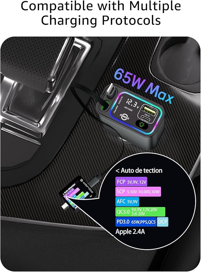 PDMAX Retractable Car Charger USB C,145W Type C Car Charger Fast Charging with Dual Retractable USB C Cable and USB Ports for iPhone 17/16/15,S25/24/23/22, Pixel 9/8/7(Build-in Dual Type C Cable)