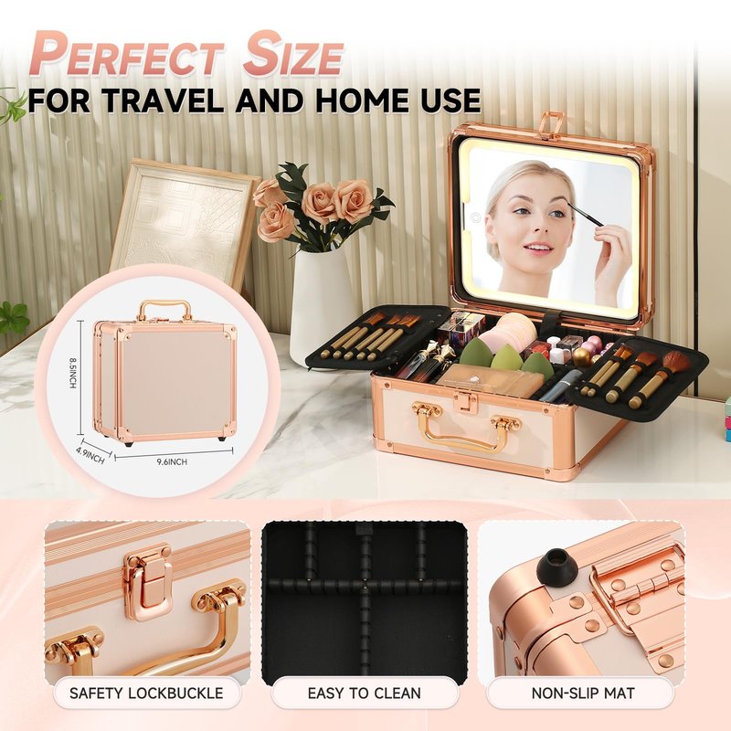 Leeora&Leekoo Makeup Box with Lighted Mirror,Portable Makeup Train Case Organizer (Off white)
