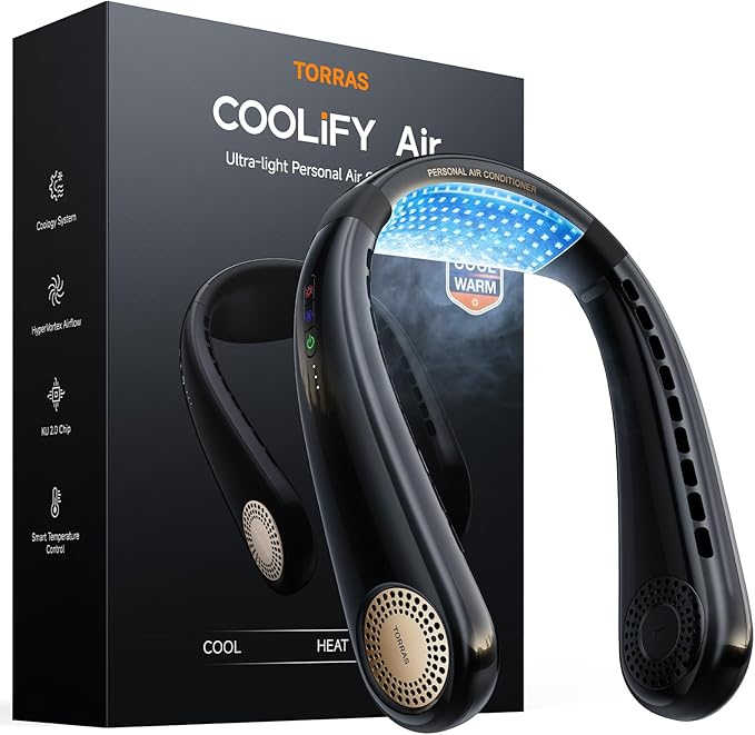 TORRAS COOLiFY Air 2026 Upgraded Neck Fan Air Conditioner, Dual-Airflow Pro Cooling, Ultra Light Portable Fan Rechargeable, Personal Cooling Fan Travel Essentials, Gift for Dad Husband Father, Black
