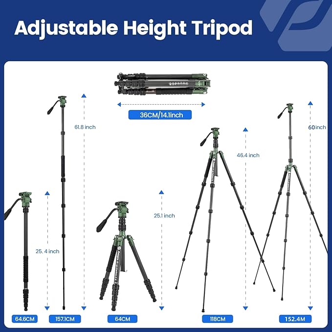 Fotopro 62" Carbon Fiber Camera Video Tripod, 2.3lbs Lightweight Travel Compact Tripods with Fluid Head, Detachable Monopod with Arca-Swiss Quick Release Plate, Load up to 11lbs,Compatible with DSLR
