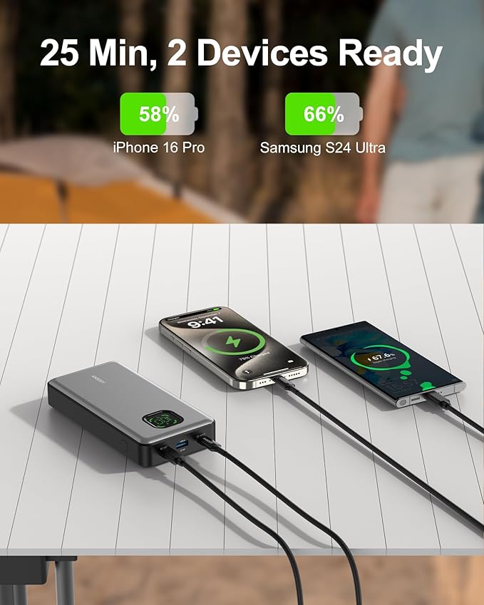 Ansody 65W Power Bank, 25000mAh Laptop Portable Charger, 100W Total Fast Charging Battery Pack for MacBook Dell XPS iPad Tablet Steam Deck iPhone 17-12 Series Samsung Switch and More Silver