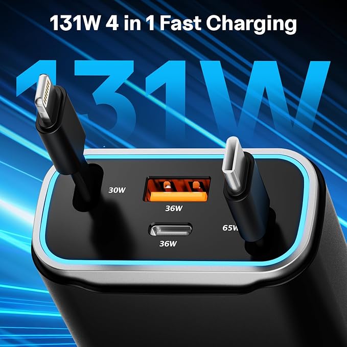 Retractable Fast Car Phone Charger Adapter 131W, Retractable Cables (31.5 inch) & 2 USB Ports for iPhone 16/15/14/13/12/11 Pro/Samsung