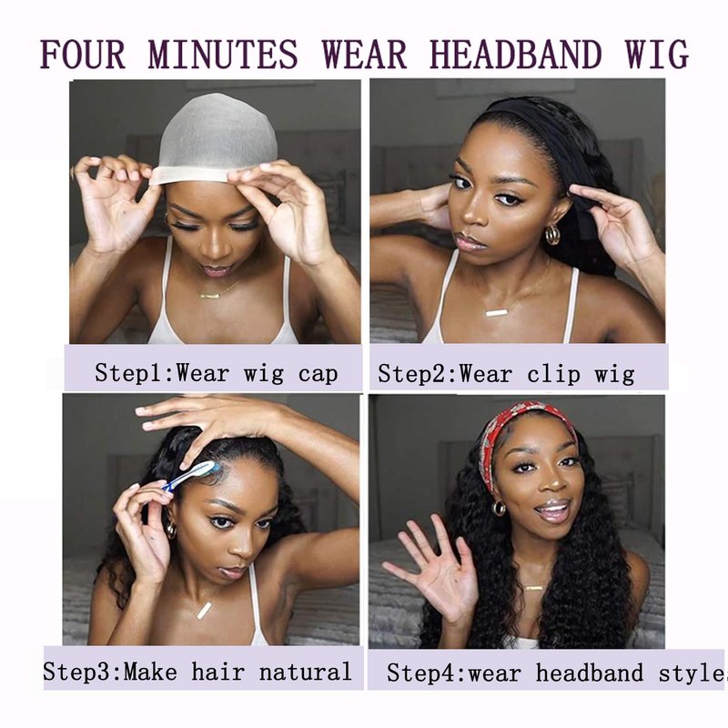 Semicaop Curly Headband Wigs 16 Inch 100% for Black Women Human Hair Glueless Wear and Go Human Hair Headband Wigs Curly 180% Density Natural Black