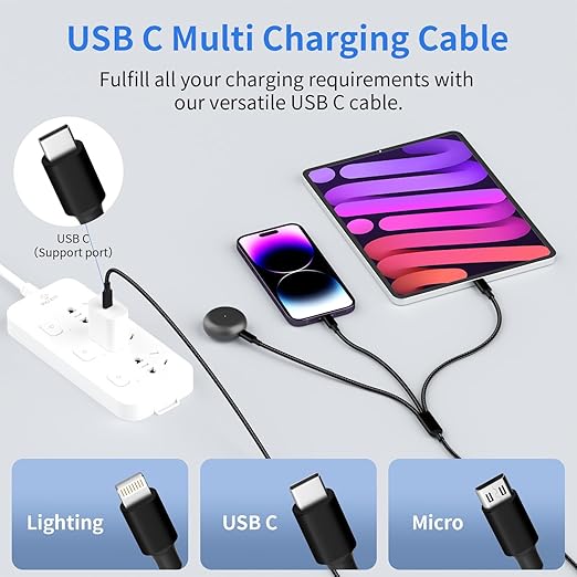 Travel Essentials,Dual Type-C 3 in 1 Multi Charging Cable, 4 FT Universal Charging Cables for All Devices, 2 USB-C/IP/Micro USB Port, Compatible with iPhone 17 16/15 Series/Phone/Tablet, Black