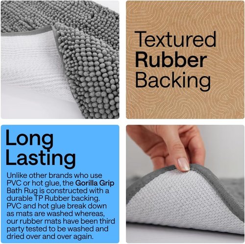 GORILLA GRIP Bath Rug Mat - Thick Soft Absorbent Chenille | Quick Dry Microfiber, 60x24, Grey