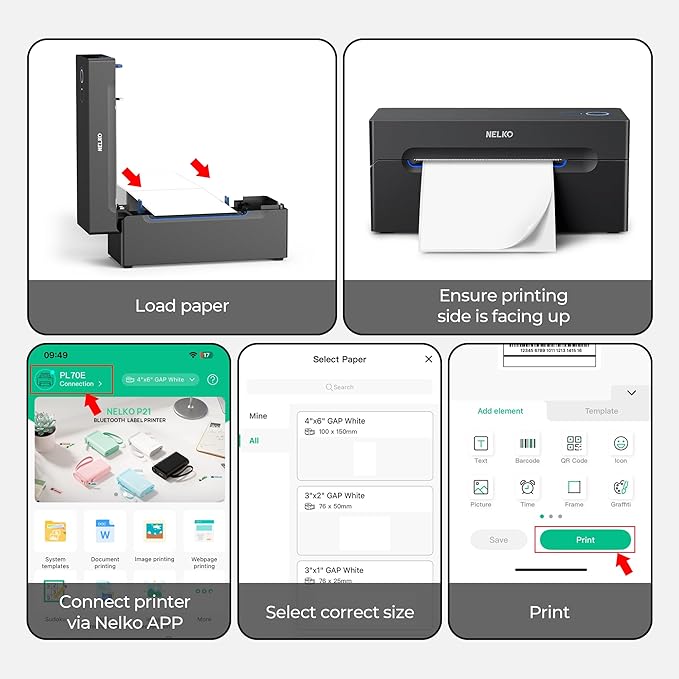 Nelko Bluetooth Thermal Shipping Label Printer, Wireless 4x6 Shipping Label Printer for Shipping Packages, Support Android, iPhone and Windows, Widely Used for Amazon, Shopify (Black)