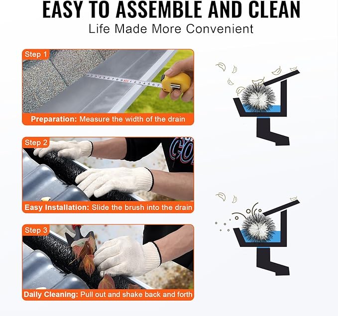 Happybuy Gutter Brush, 60ft Total, 4.33" Dia., 5" Gutter Cleaning Tool, Ground-Level Leaf Guard, Clear Roof Debris, 20 Pack