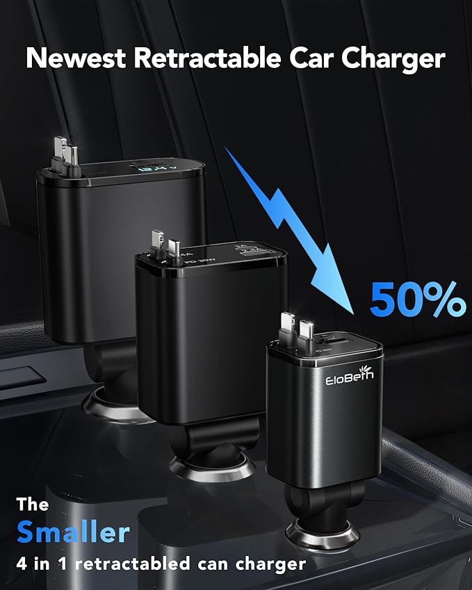 Retractable Car Charger,Car Phone Charger USB C Fast Charge,Cigarette Lighter USB Charger Car Accessories for Women,Road Trip Essentials Gift for Men,Car Charger for iPhone 17/16/15,Galaxy S26,Pixel